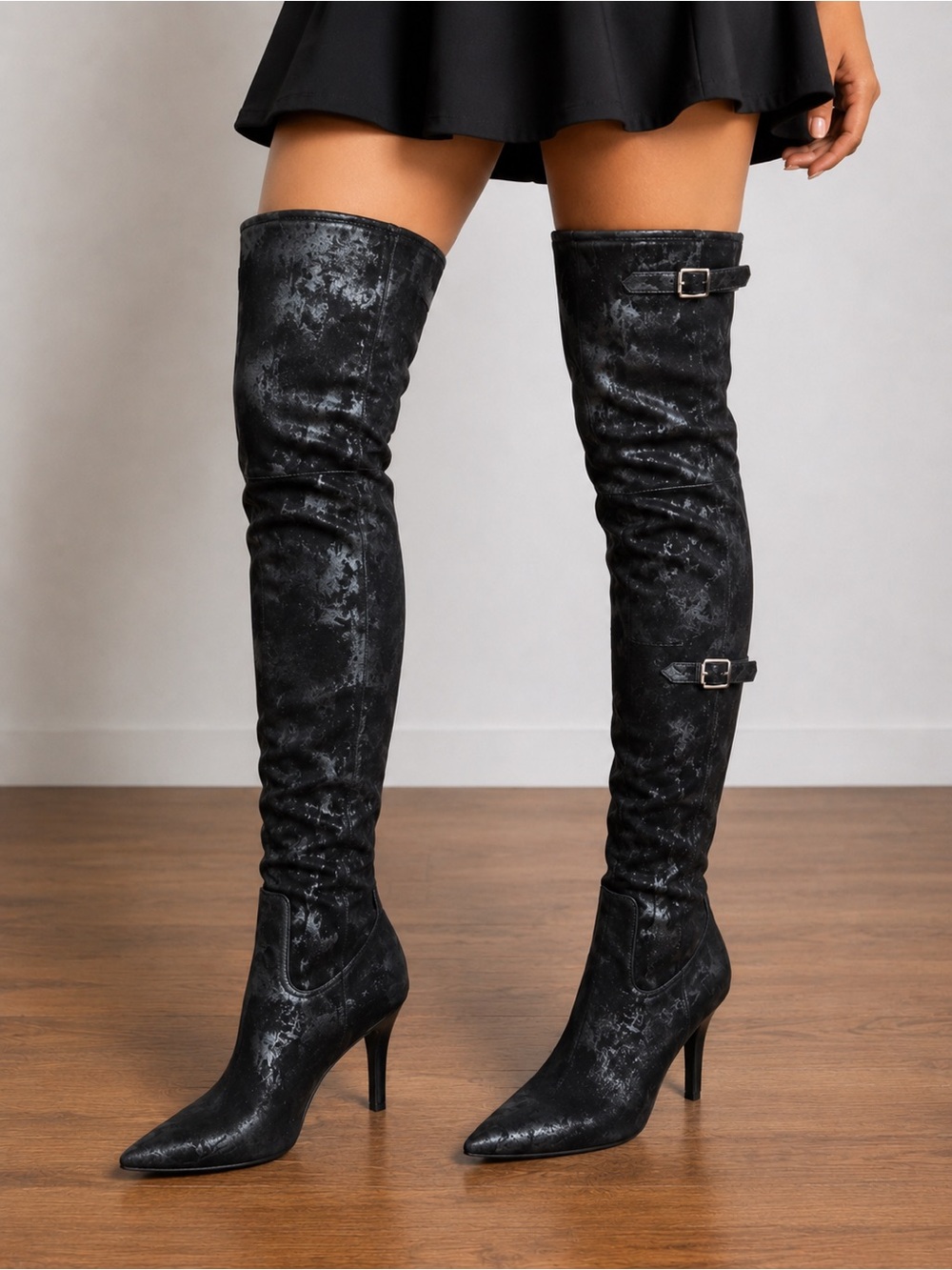 Azalea Wang Backer Black Shine Thigh-High Boots Pointed Toe Stiletto NIB